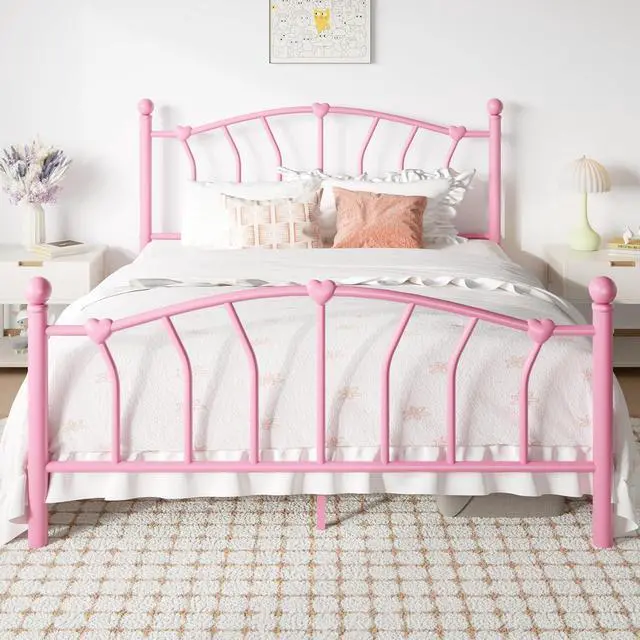 Main image of 14 Inch Full Size Metal Platform Bed Frame with Heart Shaped Iron-Art Headboard/Footboard, Under Bed Storage, Noise Free Mattress Foundation, No Box Spring Needed, Easy Assembly, Pink