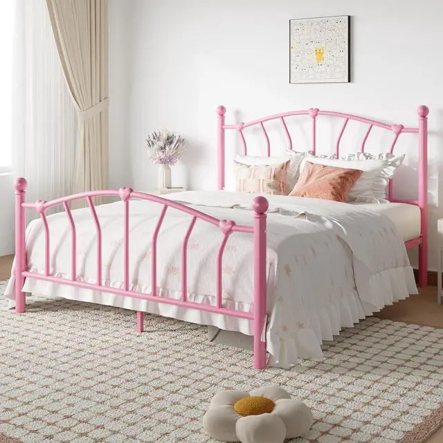 Alt view image 3 of 7 - 14 Inch Full Size Metal Platform Bed Frame with Heart Shaped Iron-Art Headboard/Footboard, Under Bed Storage, Noise Free Mattress Foundation, No Box Spring Needed, Easy Assembly, Pink
