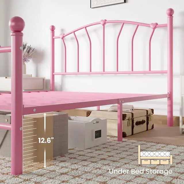 Alt view image 5 of 7 - 14 Inch Full Size Metal Platform Bed Frame with Heart Shaped Iron-Art Headboard/Footboard, Under Bed Storage, Noise Free Mattress Foundation, No Box Spring Needed, Easy Assembly, Pink