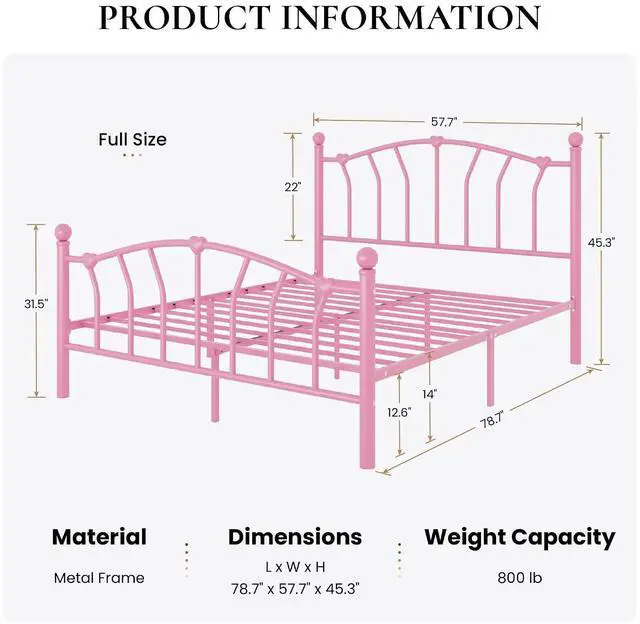 Alt view image 2 of 7 - 14 Inch Full Size Metal Platform Bed Frame with Heart Shaped Iron-Art Headboard/Footboard, Under Bed Storage, Noise Free Mattress Foundation, No Box Spring Needed, Easy Assembly, Pink