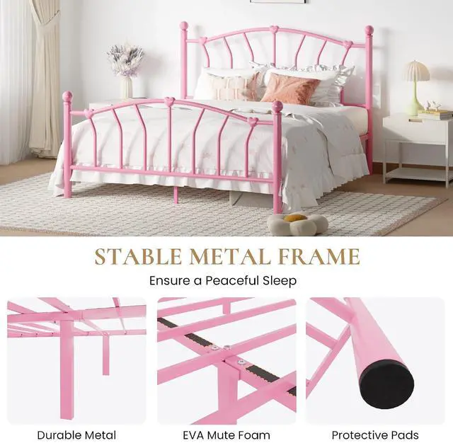 Alt view image 7 of 7 - 14 Inch Full Size Metal Platform Bed Frame with Heart Shaped Iron-Art Headboard/Footboard, Under Bed Storage, Noise Free Mattress Foundation, No Box Spring Needed, Easy Assembly, Pink