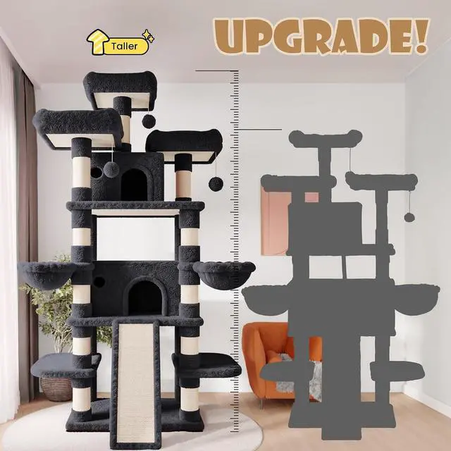 Alt view image 3 of 7 - 81 Inches Extra Large Cat Tree for Indoor Adult Cats/XXL Big Cat Tower with Condo/Cozy Perches/Sisal Scratching Posts and Hammocks/Activity Center/F80/Heavy Duty/Dark Grey