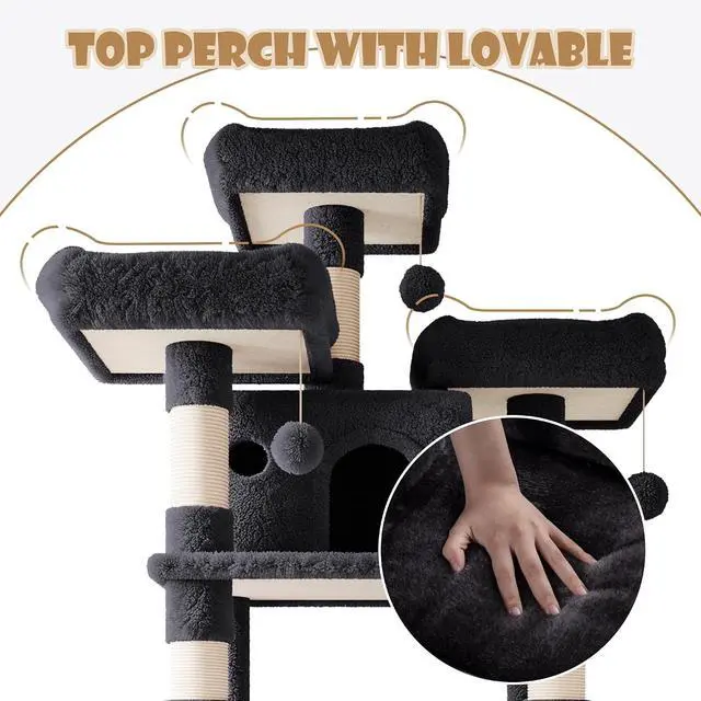 Alt view image 4 of 7 - 81 Inches Extra Large Cat Tree for Indoor Adult Cats/XXL Big Cat Tower with Condo/Cozy Perches/Sisal Scratching Posts and Hammocks/Activity Center/F80/Heavy Duty/Dark Grey