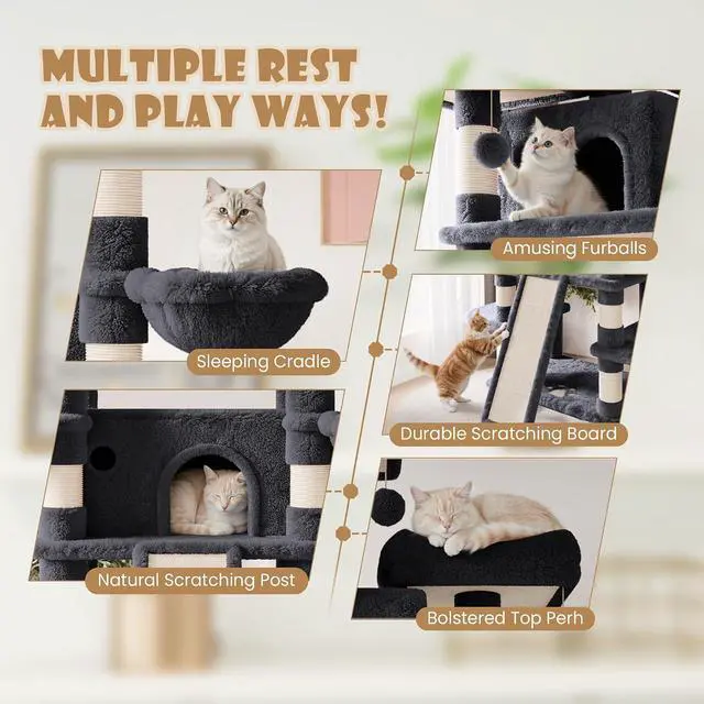 Alt view image 5 of 7 - 81 Inches Extra Large Cat Tree for Indoor Adult Cats/XXL Big Cat Tower with Condo/Cozy Perches/Sisal Scratching Posts and Hammocks/Activity Center/F80/Heavy Duty/Dark Grey