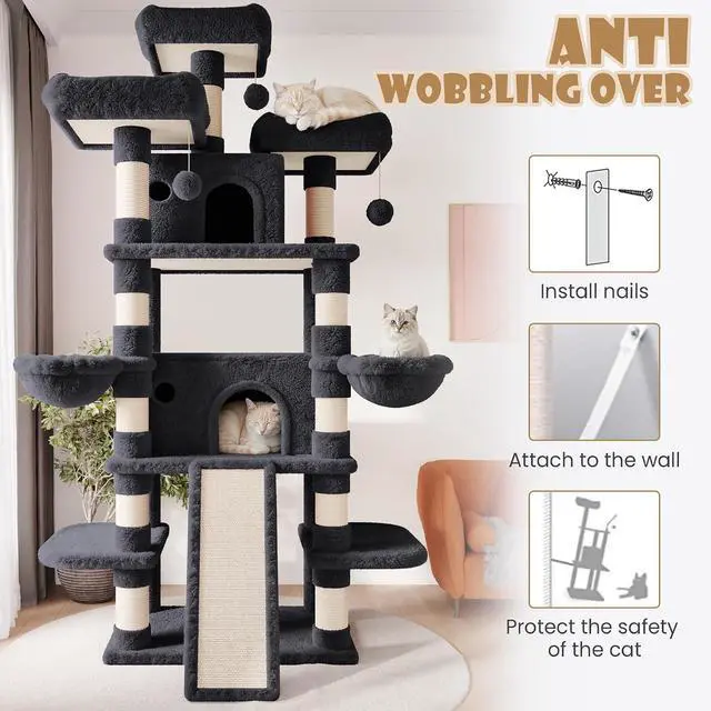 Alt view image 6 of 7 - 81 Inches Extra Large Cat Tree for Indoor Adult Cats/XXL Big Cat Tower with Condo/Cozy Perches/Sisal Scratching Posts and Hammocks/Activity Center/F80/Heavy Duty/Dark Grey