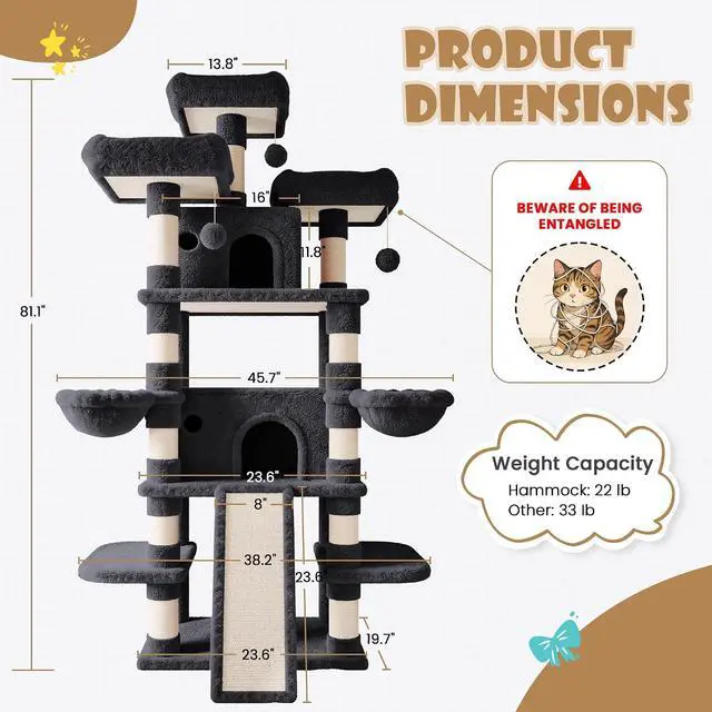 Alt view image 7 of 7 - 81 Inches Extra Large Cat Tree for Indoor Adult Cats/XXL Big Cat Tower with Condo/Cozy Perches/Sisal Scratching Posts and Hammocks/Activity Center/F80/Heavy Duty/Dark Grey