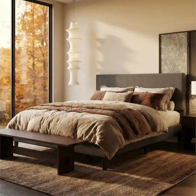 Main image of Boucle Upholstered King Size Bed Frame, Dark Gray | Platform Bed with Adjustable Headboard, Wooden Slats Support, No Box Spring Needed, Noise-Free, Easy Assembly