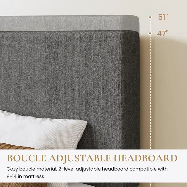Alt view image 4 of 7 - Boucle Upholstered Full Size Bed Frame, Dark Gray | Platform Bed with Adjustable Headboard, Wooden Slats Support, No Box Spring Needed, Noise-Free, Easy Assembly