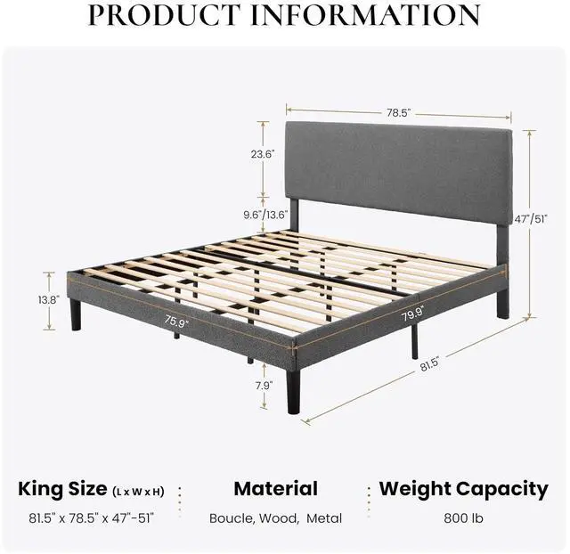 Alt view image 2 of 7 - Boucle Upholstered King Size Bed Frame, Dark Gray | Platform Bed with Adjustable Headboard, Wooden Slats Support, No Box Spring Needed, Noise-Free, Easy Assembly