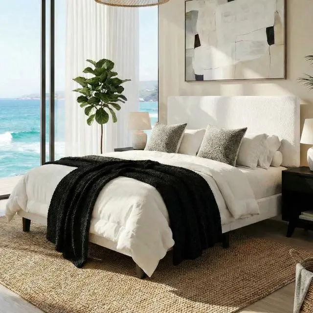 Main image of Boucle Upholstered Full Size Bed Frame, White | Platform Bed with Adjustable Headboard, Wooden Slats Support, No Box Spring Needed, Noise-Free, Easy to Assemble