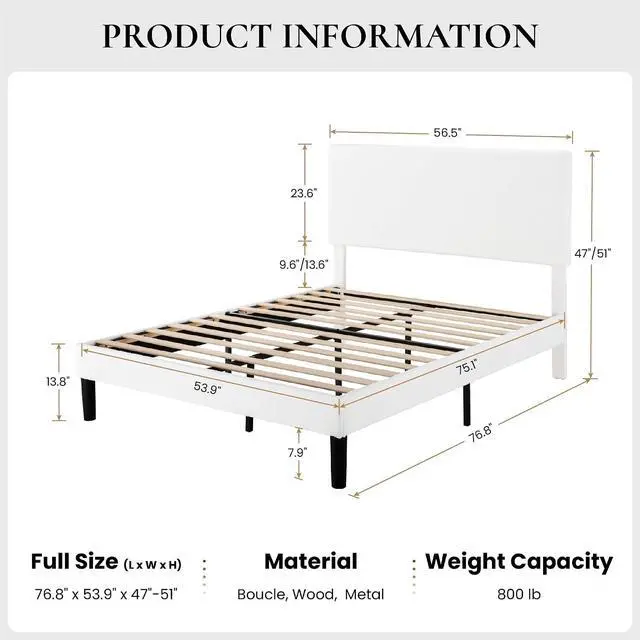 Alt view image 2 of 7 - Boucle Upholstered Full Size Bed Frame, White | Platform Bed with Adjustable Headboard, Wooden Slats Support, No Box Spring Needed, Noise-Free, Easy to Assemble