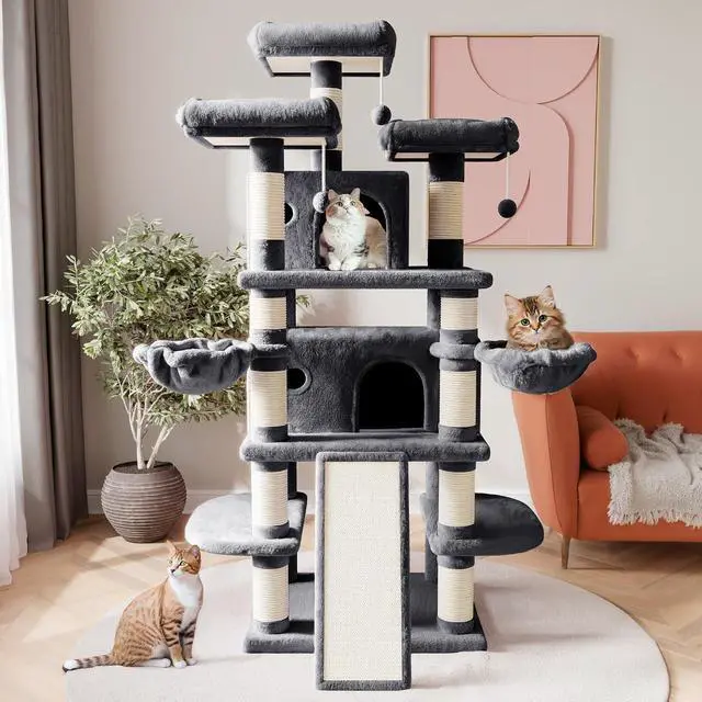 Alt view image 2 of 7 - 68 Inches Multi-Level Large Cat Tree for Large Kitties/Big Cat Tower with Condo/Cozy Plush Pussycat Perches/Sisal Scratching Posts and Hammocks/Activity Center/Dark Grey