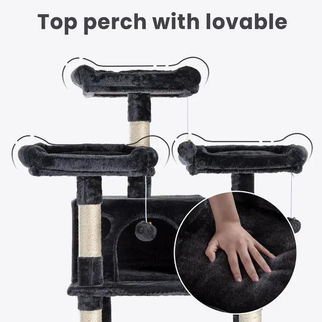 Alt view image 4 of 7 - 68 Inches Multi-Level Large Cat Tree for Large Kitties/Big Cat Tower with Condo/Cozy Plush Pussycat Perches/Sisal Scratching Posts and Hammocks/Activity Center/Dark Grey