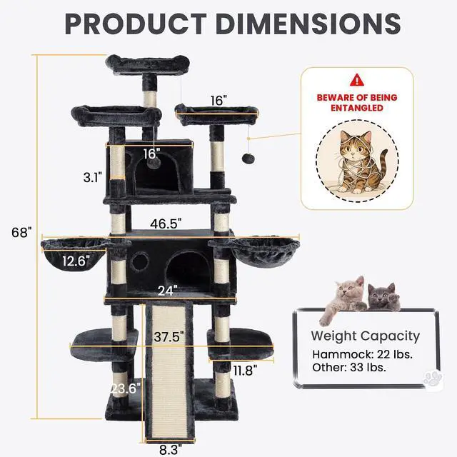 Alt view image 6 of 7 - 68 Inches Multi-Level Large Cat Tree for Large Kitties/Big Cat Tower with Condo/Cozy Plush Pussycat Perches/Sisal Scratching Posts and Hammocks/Activity Center/Dark Grey