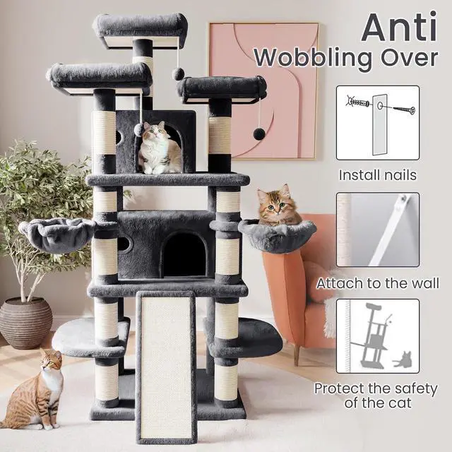 Alt view image 7 of 7 - 68 Inches Multi-Level Large Cat Tree for Large Kitties/Big Cat Tower with Condo/Cozy Plush Pussycat Perches/Sisal Scratching Posts and Hammocks/Activity Center/Dark Grey