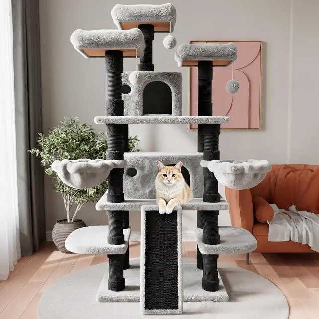 Alt view image 2 of 7 - 68 Inches Multi-Level Large Cat Tree for Large Kitties/Big Cat Tower with Condo/Cozy Plush Pussycat Perches/Sisal Scratching Posts and Hammocks/Activity Center/Black & Grey