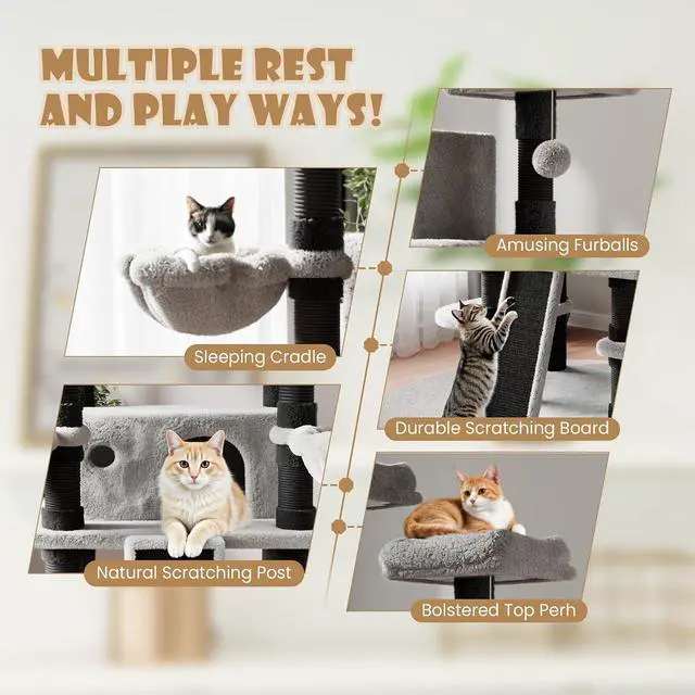 Alt view image 3 of 7 - 68 Inches Multi-Level Large Cat Tree for Large Kitties/Big Cat Tower with Condo/Cozy Plush Pussycat Perches/Sisal Scratching Posts and Hammocks/Activity Center/Black & Grey