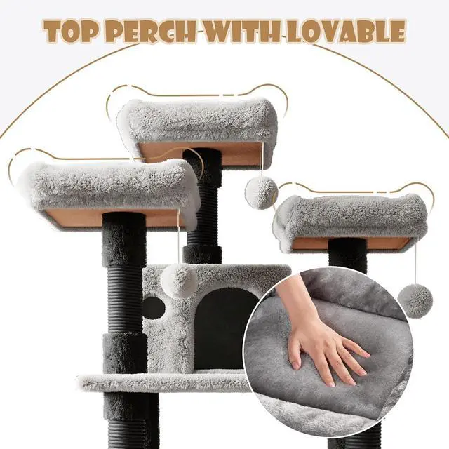 Alt view image 4 of 7 - 68 Inches Multi-Level Large Cat Tree for Large Kitties/Big Cat Tower with Condo/Cozy Plush Pussycat Perches/Sisal Scratching Posts and Hammocks/Activity Center/Black & Grey