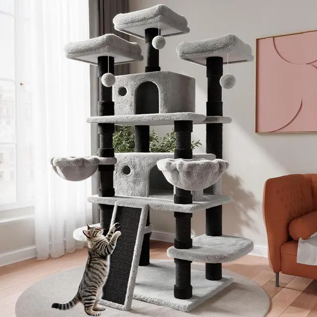 Main image of 68 Inches Multi-Level Large Cat Tree for Large Kitties/Big Cat Tower with Condo/Cozy Plush Pussycat Perches/Sisal Scratching Posts and Hammocks/Activity Center/Black & Grey