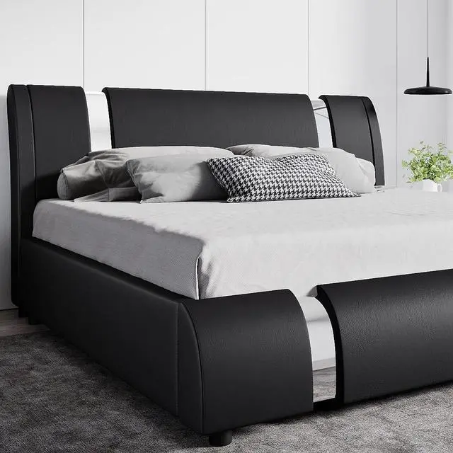 Main image of Modern Faux Leather Queen Bed Frame with Adjustable Headboard and Iron Accents, Deluxe Upholstered Platform Bed with Solid Wooden Slats Support/No Box Spring Needed, Black
