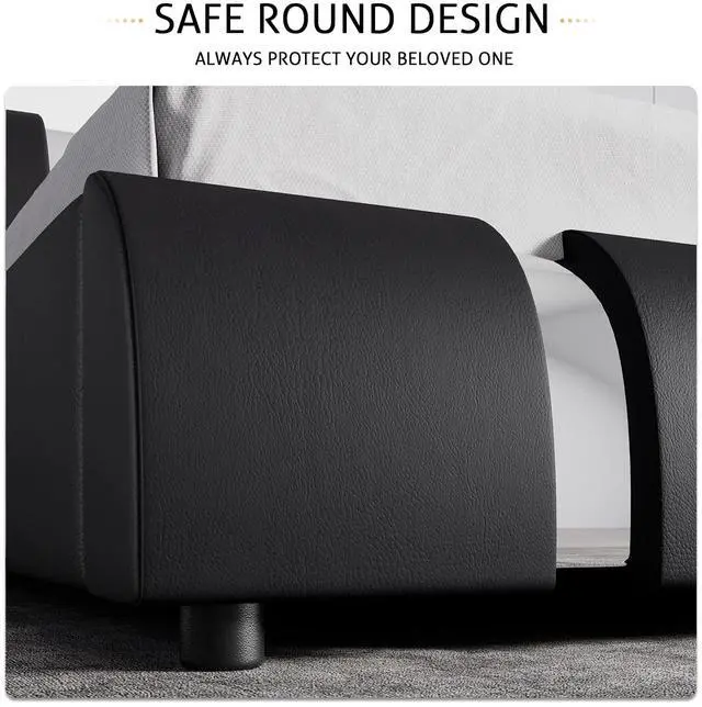 Alt view image 6 of 6 - Modern Faux Leather Queen Bed Frame with Adjustable Headboard and Iron Accents, Deluxe Upholstered Platform Bed with Solid Wooden Slats Support/No Box Spring Needed, Black