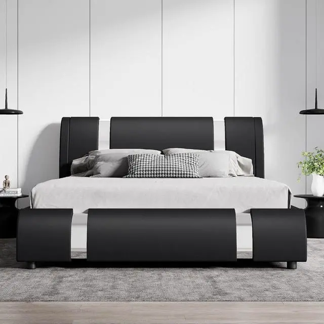 Alt view image 3 of 6 - Modern Faux Leather Queen Bed Frame with Adjustable Headboard and Iron Accents, Deluxe Upholstered Platform Bed with Solid Wooden Slats Support/No Box Spring Needed, Black