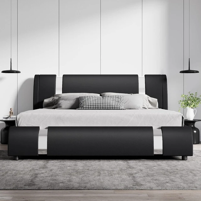 Alt view image 3 of 6 - King Size Bed Frame with Iron Pieces Decor and Adjustable Headboard/Deluxe Upholstered Modern Platform Bed with Solid Wooden Slats Support/No Box Spring Needed, Black