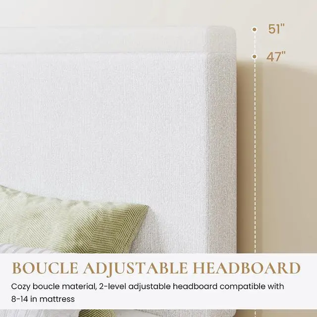 Alt view image 4 of 7 - Boucle Upholstered King Size Bed Frame, White | Platform Bed with Adjustable Headboard, Wooden Slats Support, No Box Spring Needed, Noise-Free, Easy Assembly