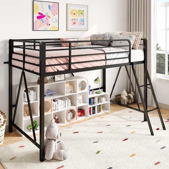 Main image of Twin Size Metal Low Loft Bed, CPC Safety Certified, Black | Soft Bumper Edges, 14'' Guardrail & Angled Ladder, Space-Saving for Dormitory and Bedroom, for Kids, Teens & Junior