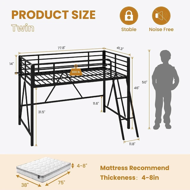 Alt view image 2 of 7 - Twin Size Metal Low Loft Bed, CPC Safety Certified, Black | Soft Bumper Edges, 14'' Guardrail & Angled Ladder, Space-Saving for Dormitory and Bedroom, for Kids, Teens & Junior