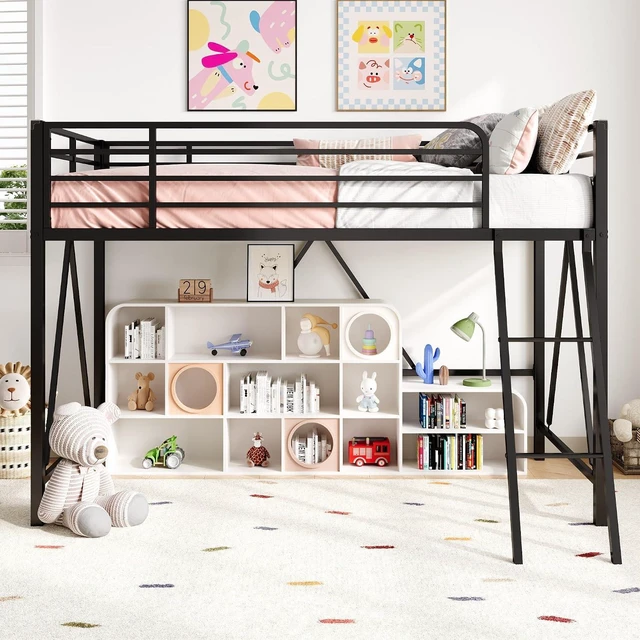 Alt view image 3 of 7 - Twin Size Metal Low Loft Bed, CPC Safety Certified, Black | Soft Bumper Edges, 14'' Guardrail & Angled Ladder, Space-Saving for Dormitory and Bedroom, for Kids, Teens & Junior