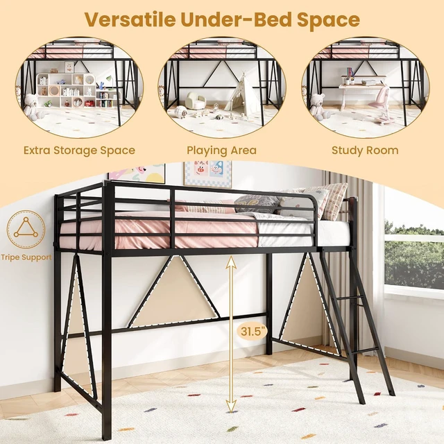 Alt view image 4 of 7 - Twin Size Metal Low Loft Bed, CPC Safety Certified, Black | Soft Bumper Edges, 14'' Guardrail & Angled Ladder, Space-Saving for Dormitory and Bedroom, for Kids, Teens & Junior