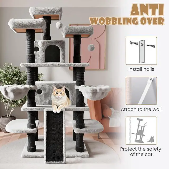 Alt view image 6 of 7 - 68 Inches Multi-Level Large Cat Tree for Large Kitties/Big Cat Tower with Condo/Cozy Plush Pussycat Perches/Sisal Scratching Posts and Hammocks/Activity Center/Black & Grey
