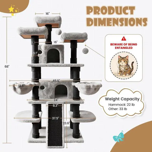 Alt view image 7 of 7 - 68 Inches Multi-Level Large Cat Tree for Large Kitties/Big Cat Tower with Condo/Cozy Plush Pussycat Perches/Sisal Scratching Posts and Hammocks/Activity Center/Black & Grey