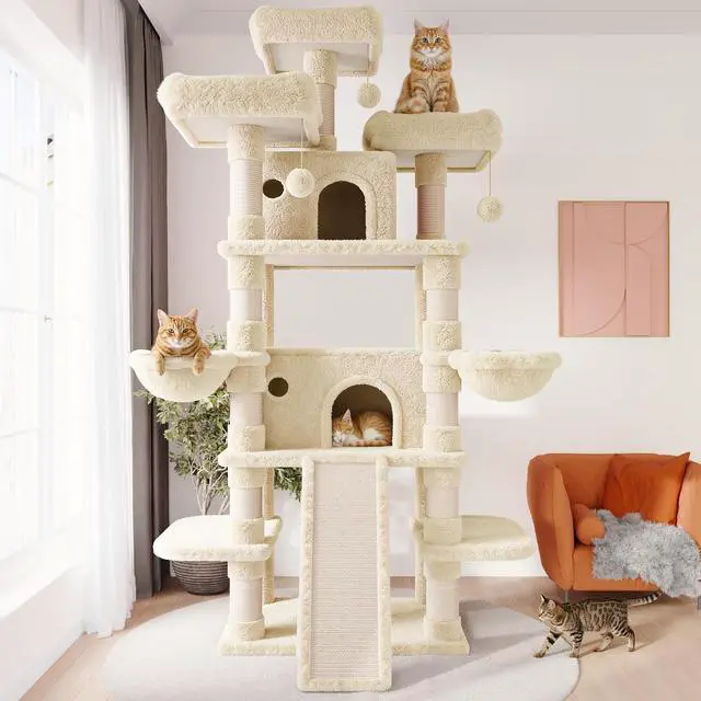 Alt view image 2 of 7 - 81 Inches Extra Large Cat Tree for Indoor Adult Cats/XXL Big Cat Tower with Condo/Cozy Perches/Sisal Scratching Posts and Hammocks/Activity Center/F80/Heavy Duty/Beige