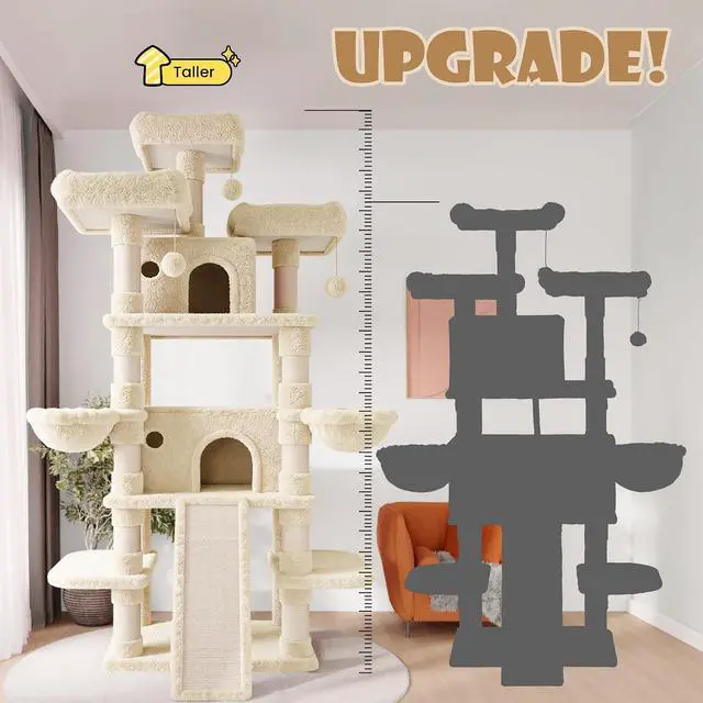 Alt view image 3 of 7 - 81 Inches Extra Large Cat Tree for Indoor Adult Cats/XXL Big Cat Tower with Condo/Cozy Perches/Sisal Scratching Posts and Hammocks/Activity Center/F80/Heavy Duty/Beige