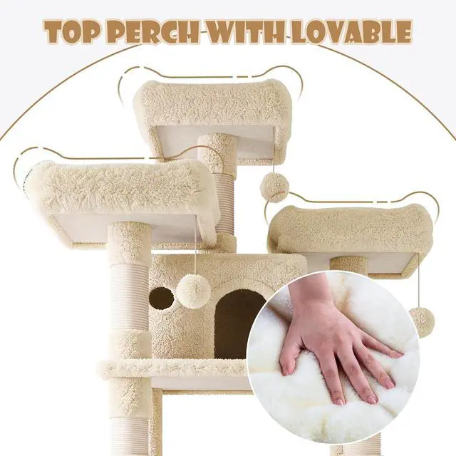 Alt view image 4 of 7 - 81 Inches Extra Large Cat Tree for Indoor Adult Cats/XXL Big Cat Tower with Condo/Cozy Perches/Sisal Scratching Posts and Hammocks/Activity Center/F80/Heavy Duty/Beige
