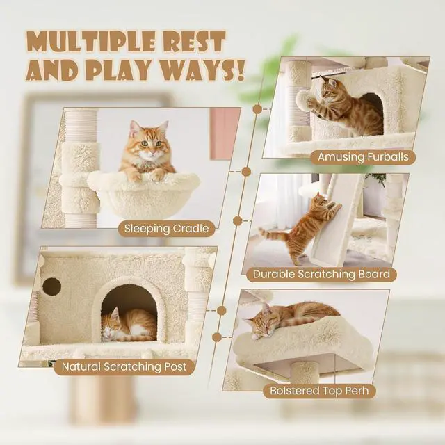 Alt view image 5 of 7 - 81 Inches Extra Large Cat Tree for Indoor Adult Cats/XXL Big Cat Tower with Condo/Cozy Perches/Sisal Scratching Posts and Hammocks/Activity Center/F80/Heavy Duty/Beige