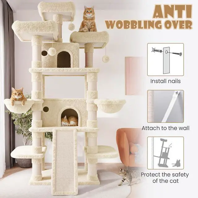 Alt view image 6 of 7 - 81 Inches Extra Large Cat Tree for Indoor Adult Cats/XXL Big Cat Tower with Condo/Cozy Perches/Sisal Scratching Posts and Hammocks/Activity Center/F80/Heavy Duty/Beige