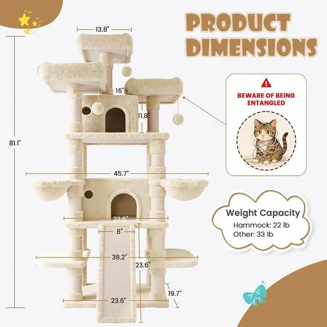 Alt view image 7 of 7 - 81 Inches Extra Large Cat Tree for Indoor Adult Cats/XXL Big Cat Tower with Condo/Cozy Perches/Sisal Scratching Posts and Hammocks/Activity Center/F80/Heavy Duty/Beige
