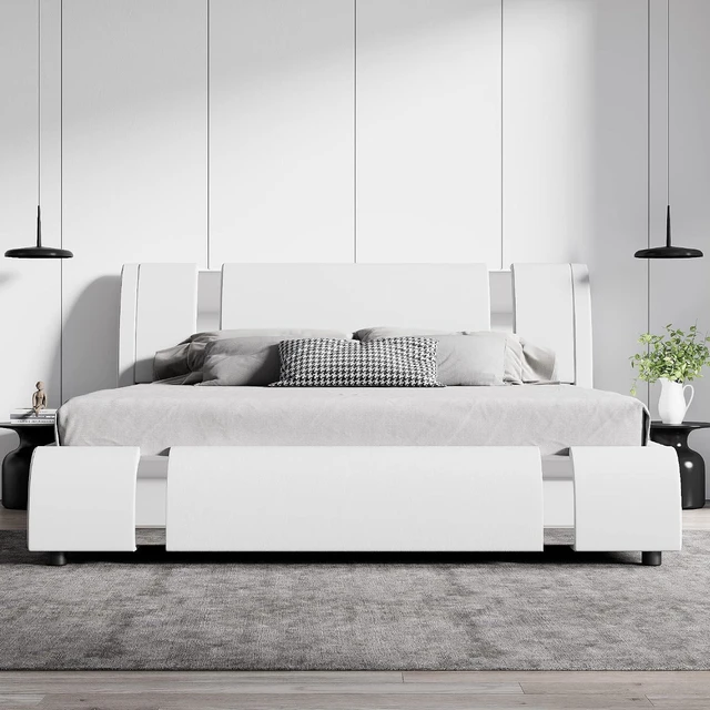 Alt view image 3 of 6 - King Size Bed Frame with Iron Pieces Decor and Adjustable Headboard/Deluxe Upholstered Modern Platform Bed with Solid Wooden Slats Support/No Box Spring Needed, White
