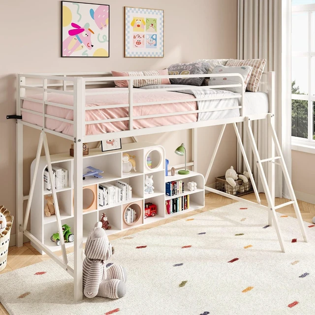 Main image of Twin Size Metal Low Loft Bed, CPC Safety Certified, White | Soft Bumper Edges, 14'' Guardrail & Angled Ladder, Space-Saving for Dormitory and Bedroom, for Kids, Teens & Junior