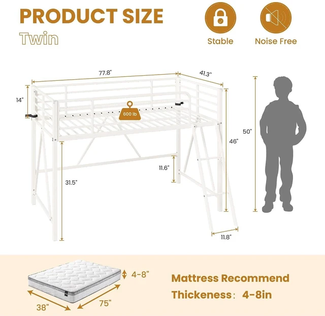 Alt view image 2 of 7 - Twin Size Metal Low Loft Bed, CPC Safety Certified, White | Soft Bumper Edges, 14'' Guardrail & Angled Ladder, Space-Saving for Dormitory and Bedroom, for Kids, Teens & Junior
