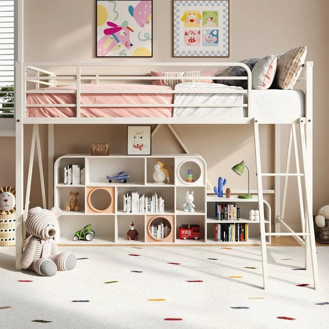 Alt view image 3 of 7 - Twin Size Metal Low Loft Bed, CPC Safety Certified, White | Soft Bumper Edges, 14'' Guardrail & Angled Ladder, Space-Saving for Dormitory and Bedroom, for Kids, Teens & Junior