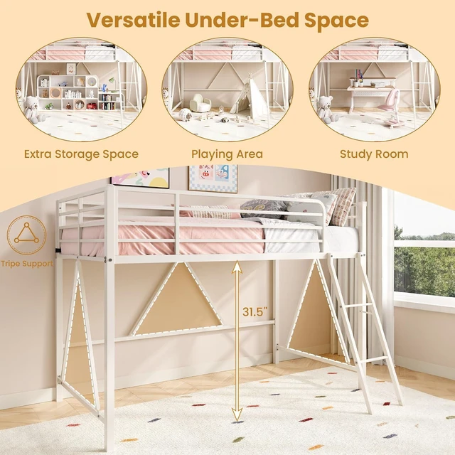 Alt view image 4 of 7 - Twin Size Metal Low Loft Bed, CPC Safety Certified, White | Soft Bumper Edges, 14'' Guardrail & Angled Ladder, Space-Saving for Dormitory and Bedroom, for Kids, Teens & Junior