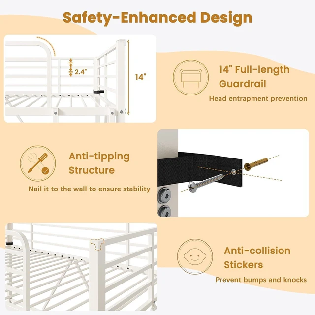 Alt view image 7 of 7 - Twin Size Metal Low Loft Bed, CPC Safety Certified, White | Soft Bumper Edges, 14'' Guardrail & Angled Ladder, Space-Saving for Dormitory and Bedroom, for Kids, Teens & Junior