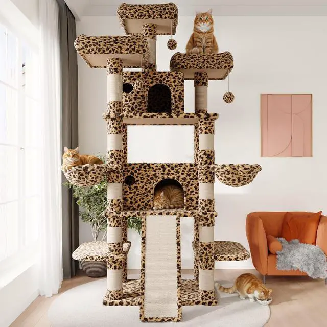Alt view image 2 of 7 - 81 Inches Extra Large Cat Tree for Indoor Adult Cats/XXL Big Cat Tower with Condo/Cozy Perches/Sisal Scratching Posts and Hammocks/Activity Center/F80/Heavy Duty/Leopard Print