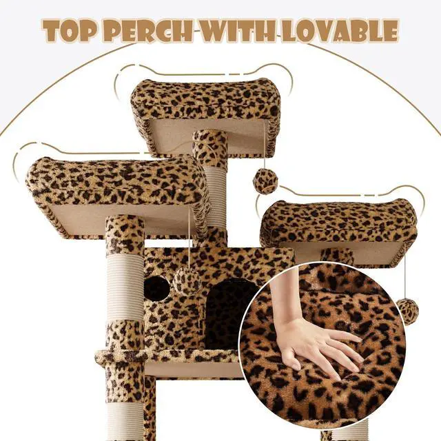 Alt view image 4 of 7 - 81 Inches Extra Large Cat Tree for Indoor Adult Cats/XXL Big Cat Tower with Condo/Cozy Perches/Sisal Scratching Posts and Hammocks/Activity Center/F80/Heavy Duty/Leopard Print
