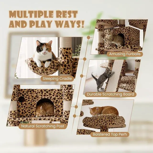 Alt view image 5 of 7 - 81 Inches Extra Large Cat Tree for Indoor Adult Cats/XXL Big Cat Tower with Condo/Cozy Perches/Sisal Scratching Posts and Hammocks/Activity Center/F80/Heavy Duty/Leopard Print