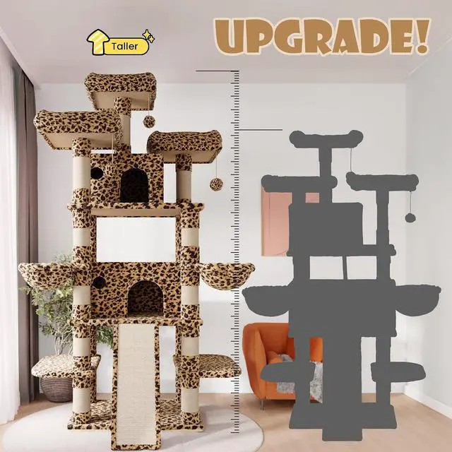 Alt view image 3 of 7 - 81 Inches Extra Large Cat Tree for Indoor Adult Cats/XXL Big Cat Tower with Condo/Cozy Perches/Sisal Scratching Posts and Hammocks/Activity Center/F80/Heavy Duty/Leopard Print